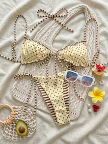SHEIN Swim Mod 2026 New Plus Size Mod Bikini Set, Cute Polka Dot & Striped Summer Beach Swimwear For Women, Cross-Border E-Commerce - Beige - View 2