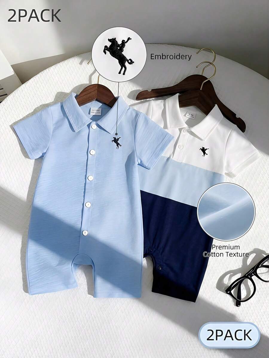 SHEIN 男婴骑士印花 Polo 领短袖休闲连体衣 - 彩色 - 查看 1