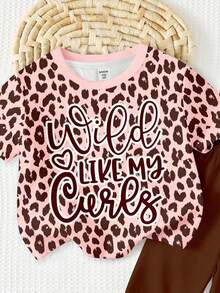 SHEIN 粉棕色豹纹印花，可爱字母“Wild Like My Curls❤”图案，女童休闲简约圆领宽松短袖T恤和紧身打底裤两件套，适合春夏日常穿着、旅行、度假、户外活动、农场休闲等场合，舒适休闲，时尚女童，适合婴幼儿穿着，豹纹字母图案服装，少女风 - 彩色 - 查看 5