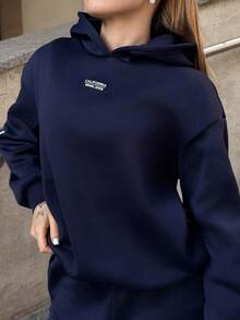 女士秋冬新款保暖休闲宽松连帽衫和运动裤两件套，海军蓝 - 藏蓝色 - 查看 3