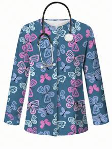 PopScrub Áo khoác đồng phục y tá in hình bướm hoạt hình, áo cardigan thời trang có thiết kế tai thỏ cho nữ y tá, áo khoác đồng phục, áo màu xanh khói họa tiết bướm. - Nhiều màu - Xem 5