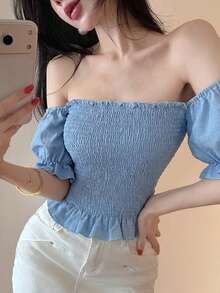 DAZY Camisa casual de mujer con hombros descubiertos y volantes en el bajo, adecuada para primavera, verano, festivales de música, citas, bodas, fiestas, y vacaciones elegantes - Azul - Ver 4