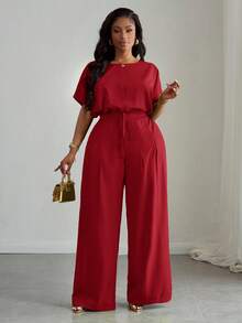 Slaydiva 2pcs Plus Size Women Set,Red Elegant Satin Summer Work Outfit,Loose Drop Shoulder Crop Top With Drawstring Hem & Wide Leg Pants With Pockets,Party - Red - View 5