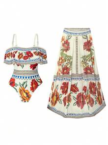 Swim Oasis Set da 2 pezzi, taglia comoda, novità primavera/estate 2026, costume da bagno e gonna coordinati, stampa floreale vintage, elegante, con spalle scoperte e spalline rimovibili, adatto per vacanze al mare - Multicolore - Visualizzare 5
