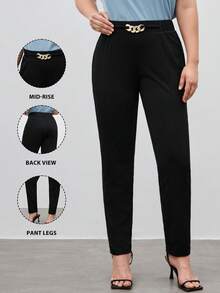 Maija Plus Size Black Pants For Women,Autumn Elegant Formal Office Wear,Solid Color Casual Trousers With Chain Detail, Outfits,Work Outfit - Black - View 10