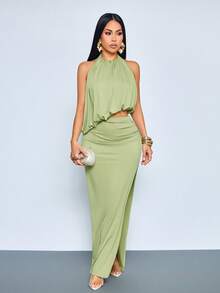SOLERSUN Women's Elegant Ruched Sleeveless Backless Balloon Hem Top & & Ruched High Slit Maxi Skirt Two Pieces Outfit,Versatile For Vacation, Beach, Wedding Guest, Brunch & Party - Green - View 3