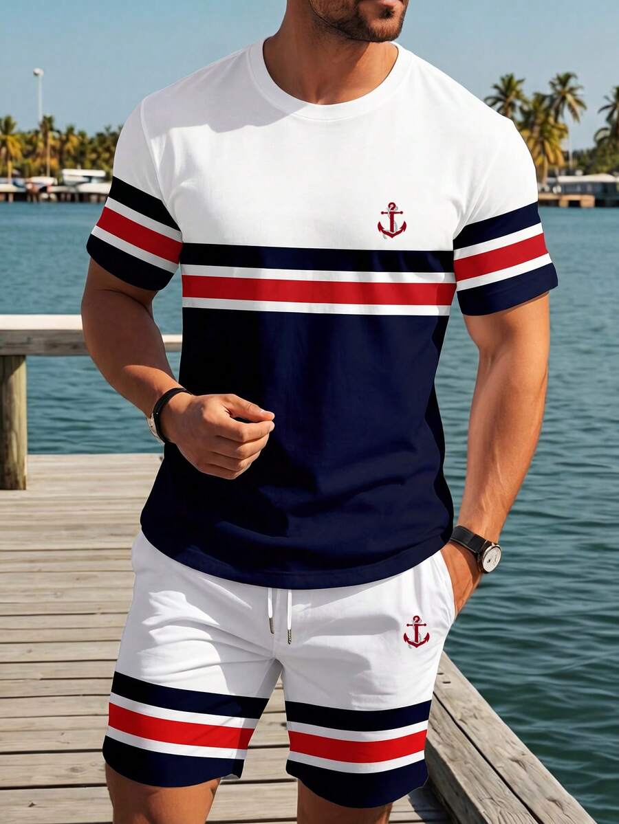 Manfinity RSRT Conjunto de camiseta de manga corta y pantalones cortos con estampado de ancla y parches de colores contrastantes para hombre - Multicolor - Ver 1