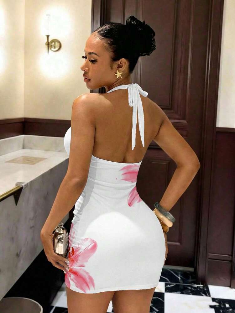 Slaydiva Robe mini femme printemps/été, coupe ajustée, col halter, imprimé floral, idéale pour les vacances, le shopping, les fêtes, les voyages, l'aéroport, les brunchs, la plage, les mariages, les rendez-vous, les croisières, les influenceuses mode. - Multicolore - Voir 2