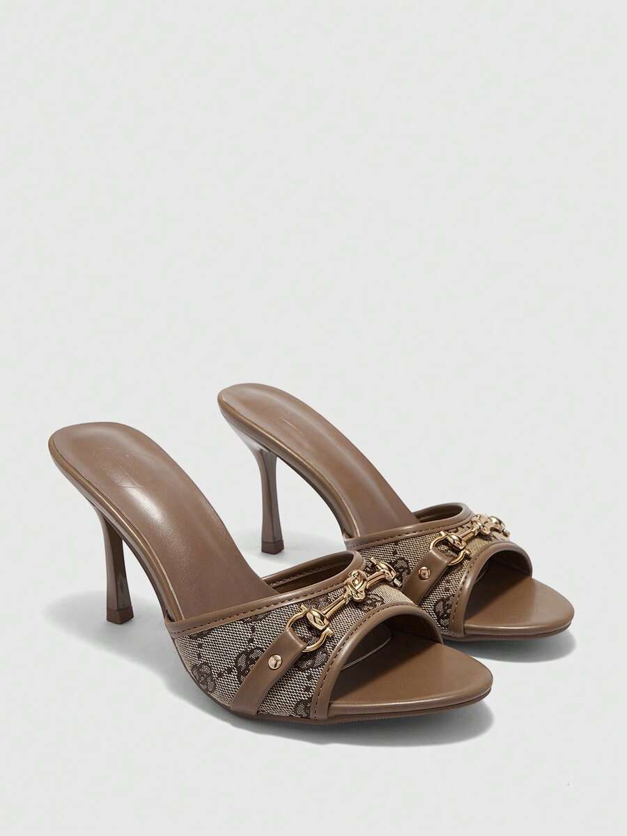 CUCCOO BIZCHIC 女士鞋履 春夏新款棕色金属扣露趾高跟凉鞋拖鞋 时尚舒适 百搭通勤凉鞋 露趾凉鞋 - 咖啡 - 查看 1