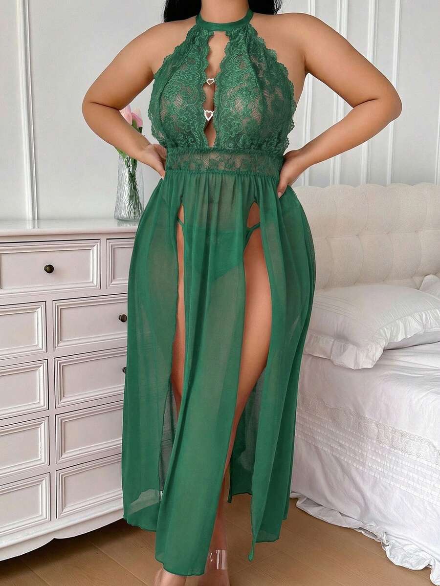SHEIN 两件套加大码蕾丝撞色网纱无钢圈性感内衣套装 - 綠色 - 查看 1