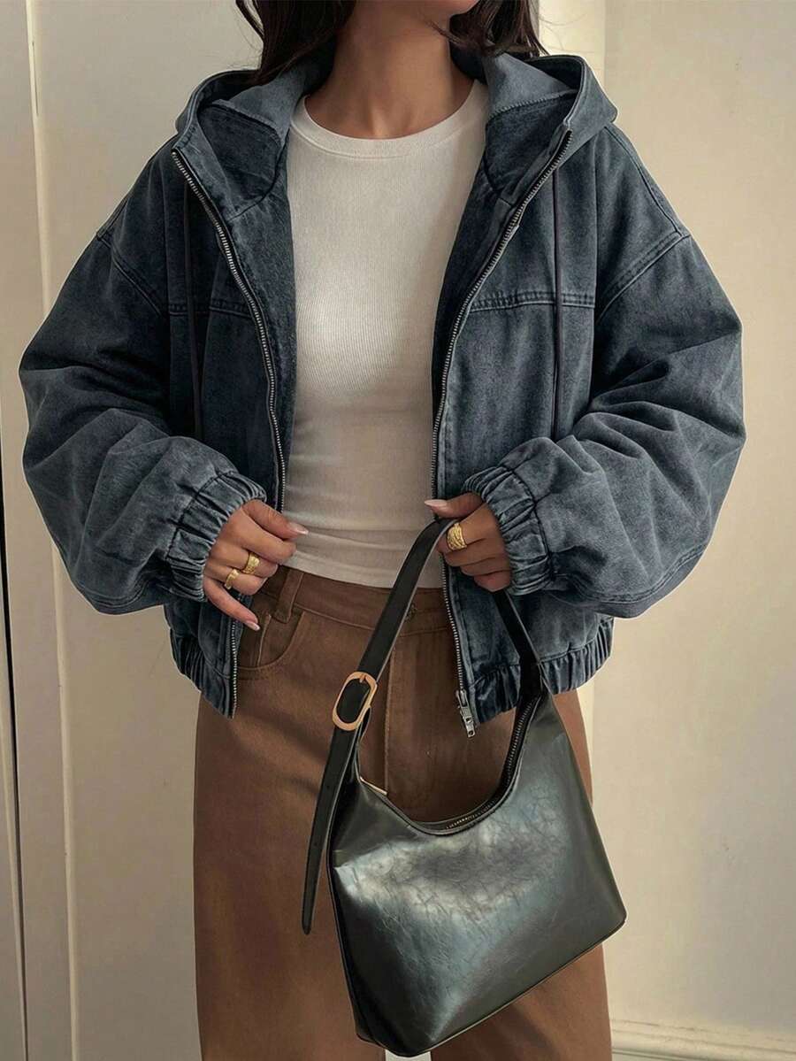 FRIFUL Women's Solid Color Casual Zip-Up Loose Long Sleeve Hooded Denim Jacket - Dusty Blue - View 1