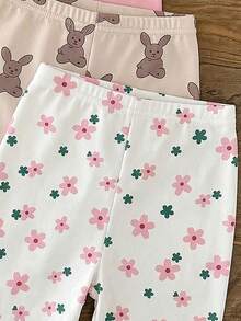 4件套女童柔软针织打底裤，轻薄夏季裤装，可爱兔子和花卉印花 - 彩色 - 查看 4