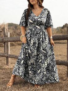 Ceyna Vestido de verano casual, de fiesta y de vacaciones con cuello en V y estampado total para mujer de talla grande - Negro - Ver 4