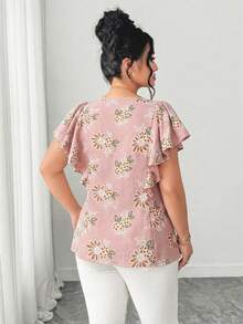 SHEIN Clasi 大码女装春夏刺绣3D印花面料，柔软优雅荷叶袖修身衬衫搭配百褶迷你裙两件套，百搭实用，适合工作、休闲、新年、毕业典礼、情人节、音乐节、母亲节、万圣节、感恩节、复活节、国庆节、舞会、约会、婚礼、户外活动等场合。 - 粉色 - 查看 2