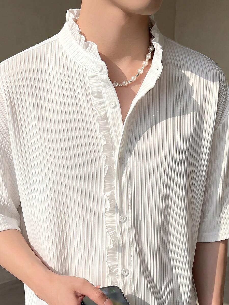 Manfinity Unisex Men's Solid Color Ruffle Trim Short Sleeve Single-Breasted Shirt - White - View 1