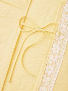 LUVLETTE Conjunto de verano para mujer de lino amarillo con detalles de encaje romántico, compuesto por un kimono relajado y pantalones fluidos, elegante y cómodo para usar en casa - Amarillo - Ver 12