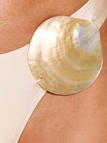 Musera Resort 大贝壳装饰金属高腰比基尼泳裤套装（仅泳裤）沙滩泳装性感可爱外出度假夏季深蓝色 - 奶油色 - 查看 6