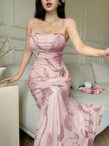 Modelyn Elegant Pink Floral Long Cami Dress With Spaghetti Straps And Flared Hem For Women - Pink - View 4