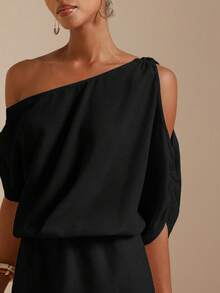 Vesra Vestido mini casual de fiesta de mujer de unicolor con hombro asimétrico fruncido - Negro - Ver 6