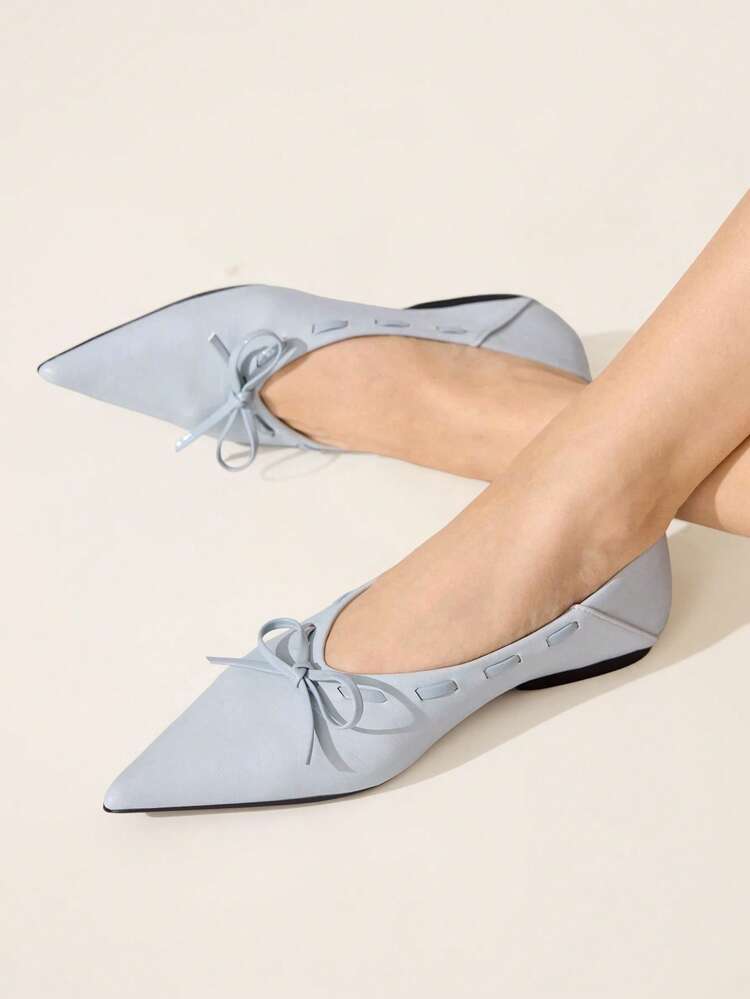 CUCCOO CHICEST Pointed Toe, Low Vamp Bow, Flat Bottom, Comfortable And Versatile, Fashionable Soft Sole, Elegant Fairy Shoes, Light Blue Ballet Women's Shoes