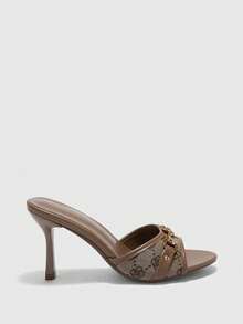 CUCCOO BIZCHIC 女士鞋履 春夏新款棕色金属扣露趾高跟凉鞋拖鞋 时尚舒适 百搭通勤凉鞋 露趾凉鞋 - 咖啡 - 查看 4