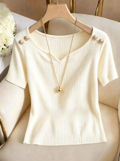 Franclia Women's Ribbed High-Elastic V-Neck Short-Sleeve Apricot T-Shirt, With Elegant Metallic Decorative Buckles. Suitable For Summer Wear, Party Outfits, Graduation Wear, Casual Wear, Vacation Wear, Summer Holiday Wear, Dress Shirts, Formal Wear, Commuting Wear, Office Wear, And More. Light Apricot T-Shirt, Suitable For Everyday Wear Or Layering, Elegant And Understated.Graduation Season Attire, Fashionable Casual Commuter Wear, Business Office Wear, Versatile And Stylish Everyday Casual Wear, Urban Teacher's Professional Attire