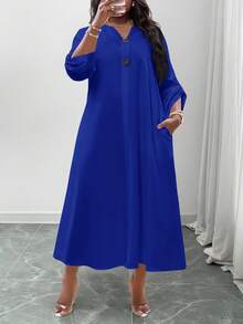 SHEIN CURVE+ 2025春夏新款白色休闲卷边宽松日常连衣裙，百搭简约风，适合各种身材，包括大码、休闲、度假等场合，也适合海滩度假、毕业典礼、下午茶等场合。 - 寶藍色 - 查看 7