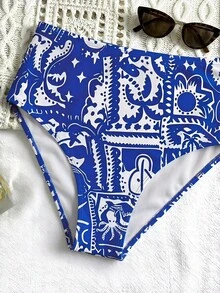 Swim Mod Plus Size Blue & White Printed Halter Drawstring Back Tie Triangle Top & High Waist Bottom Swimwear Set,Summer Boho Bachelorette Party Beach Holiday - Blue and White - View 4