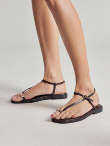 SHUZIA Women's Comfortable Gold Metal Toe Ring Ankle Strap Flat Sandals - Chocolate Brown - View 2