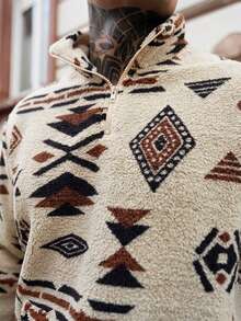 Artur Kramer Áo nỉ nam cổ kéo khóa ¼ in họa tiết Totem phong cách retro, thích hợp cho mùa thu/đông, tay dài. - Màu be - Xem 3