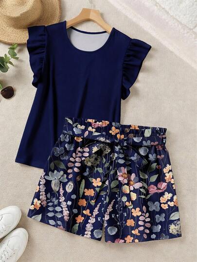 SHEIN LUNE 2 piezas Conjunto de top con volantes de unicolor elegante y shorts estampados, para verano