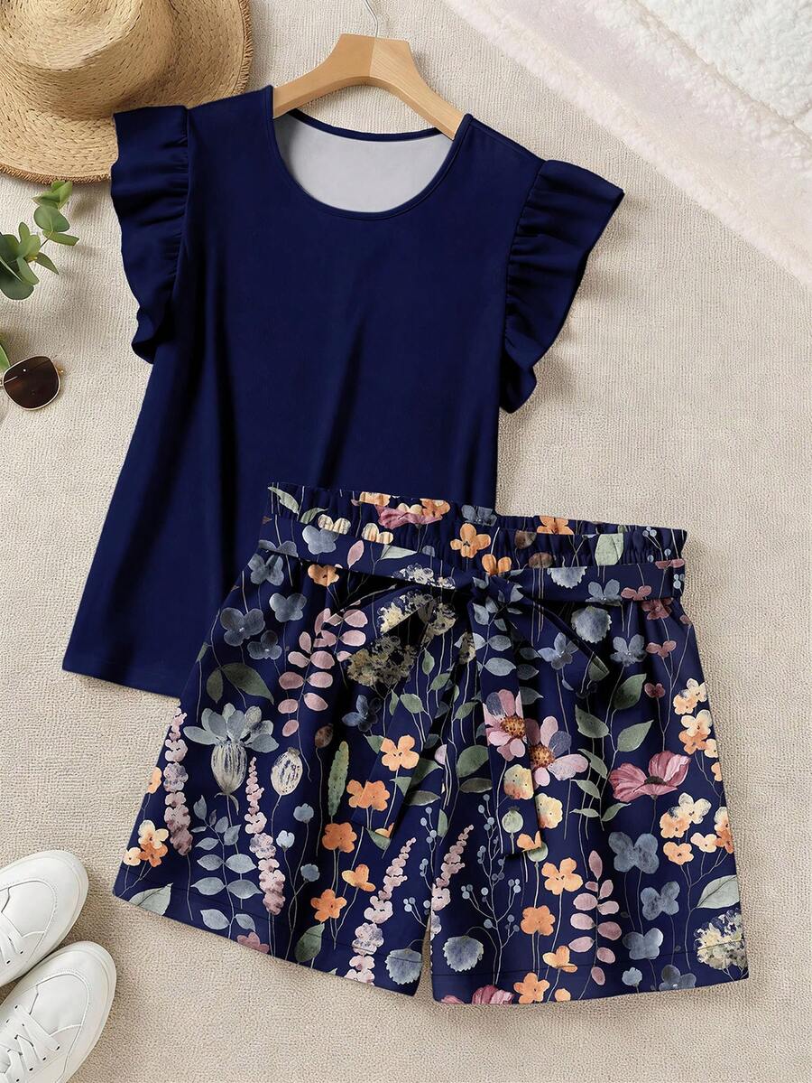 SHEIN LUNE Bộ 2 món thanh lịch gồm áo và quần short in họa tiết, màu trơn, viền bèo nhún, thích hợp cho mùa hè. - Nhiều màu - Xem 1