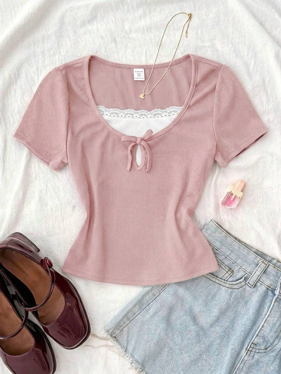 SHEIN Kids Tween Girls Pink And White,Summer,Modest,Formal Rib Knit Patchwork Lace Ruffle Bow Tight Fit Short Sleeve T-Shirt,Valentine's Day Y2K Top - Pink - View 1