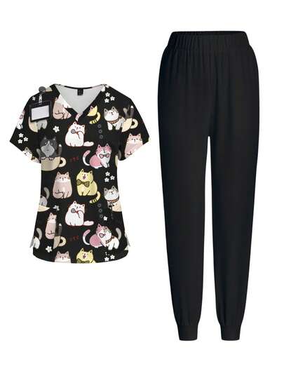 PopScrub Bộ đồng phục y tá mùa xuân/hè dành cho nữ cỡ lớn, in hình mèo hoạt hình dễ thương, áo cổ chữ V tay ngắn màu đen có túi xẻ tà, quần ống rộng có dây rút.