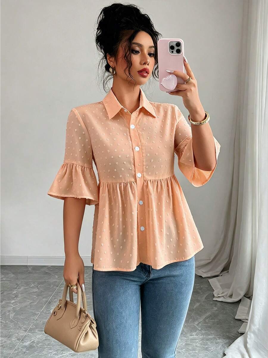Elenzga Women's Solid Color Minimalist Short Sleeve Shirt, Casual Everyday Wear - Orange - View 1