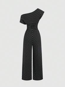 Sweetra Bộ jumpsuit nữ thanh lịch, thoải mái, đa năng màu đen chấm bi, kiểu dáng lệch vai, ống thẳng, thích hợp cho công sở, mùa xuân/hè. - màu đen - Xem 2