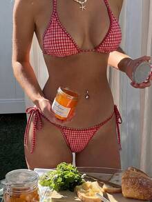 Serisse 女士格子印花挂脖比基尼套装 - 紅色 - 查看 13