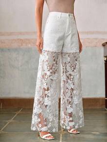 Anewsta Hollow Lace Rhinestone Embellished Straight Leg Jeans - White - View 5