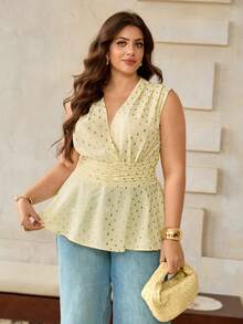 Roveilla Plus Size Women's Elegant Summer Butter Yellow Foil Print Sleeveless Blouse, Vintage A-Line Shirred Shoulder Ruched Cinched Waist Peplum Tops Brunch - Yellow - View 3