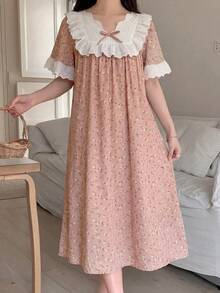SHEIN 少女碎花拼接蕾丝边休闲睡衣 - 粉色 - 查看 6