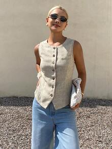 Livesso 女士休闲前扣圆领背心外套，夏季 - 杏色 - 查看 6