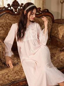 PalaceNights Palace Style Long Sleeve Pink Jacquard Loose Nightgown Dress, With Ruffled Collar Decorated By Embroidered Lace Trim - Pink - View 5