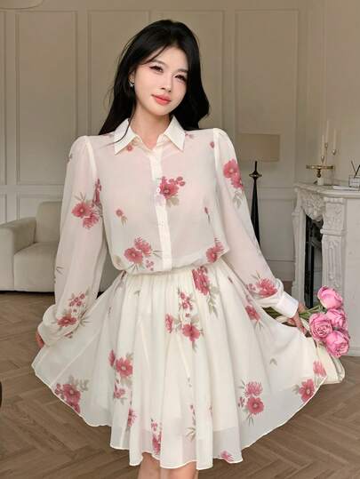 Modelyn 2pcs/Set Front Button Floral Chiffon Print Blouse Set, Spring/Summer