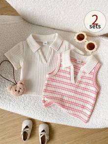 SHEIN Playful Pals Set de 2 piezas de parte superior corta de punto acanalado sin mangas y de manga corta con escote de corazón para niñas bebé, primavera/verano - Multicolor - Ver 1