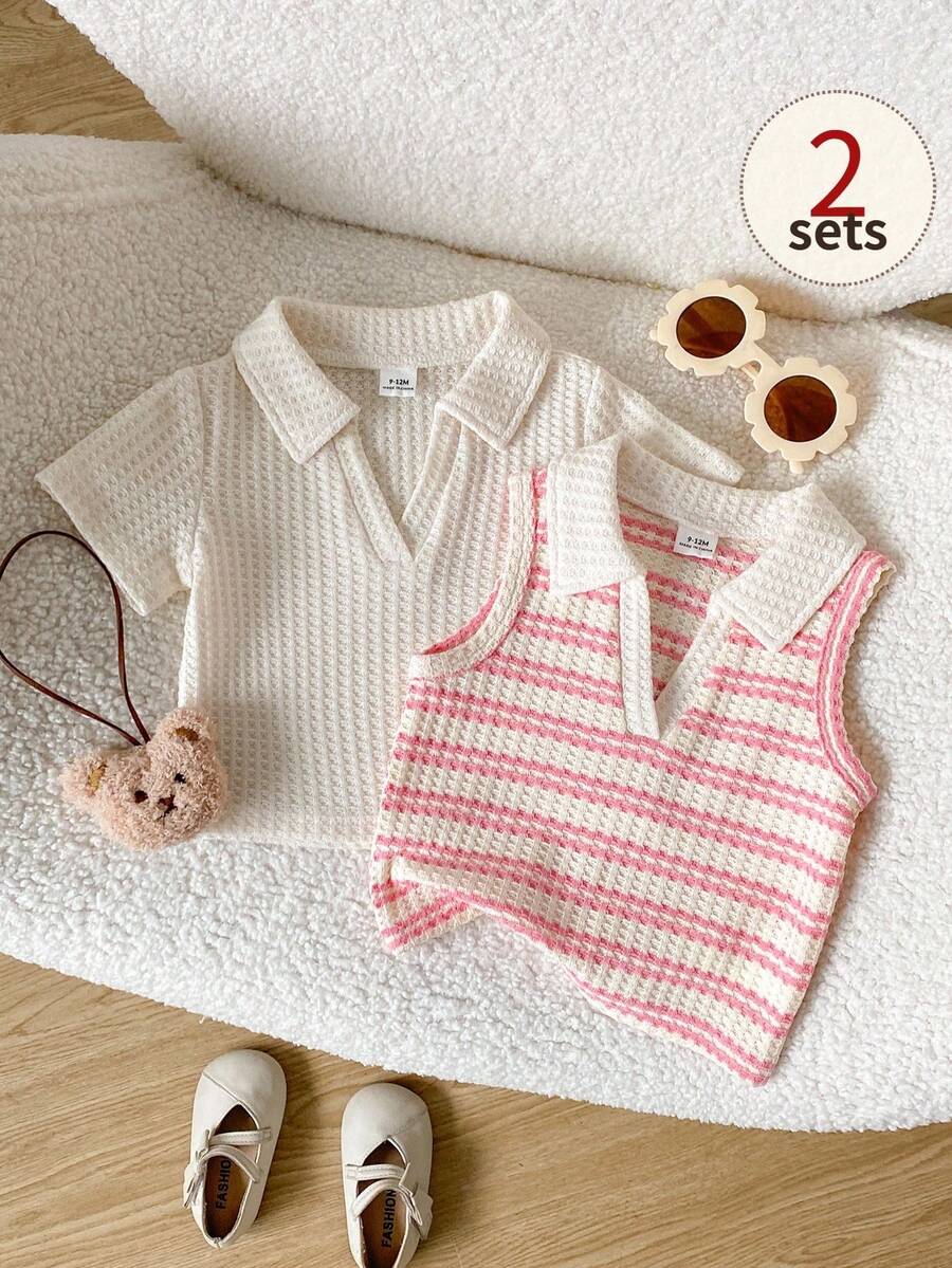 SHEIN Playful Pals Set de 2 piezas de parte superior corta de punto acanalado sin mangas y de manga corta con escote de corazón para niñas bebé, primavera/verano - Multicolor - Ver 1