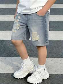 Kleine Jungen Jeans Shorts, Sommer Bestseller, mittelblauer Jeans Farbton, Y2K Collegiate Streetwear Stil, vielseitig, markantes abgenutztes Design, bequeme Baumwolle, geeignet für Outdoor, Schule, Pendeln, Party, Schulanfang 2026 Neuheit - Mittele Waschung - Übersicht 3