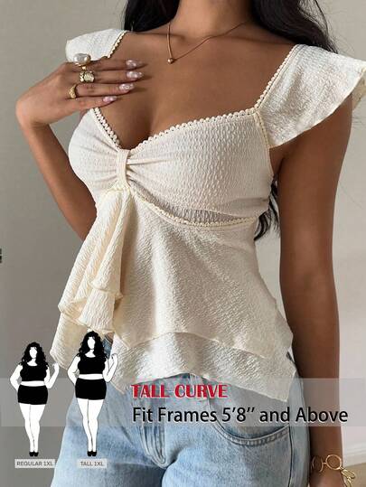 SHEIN Tall CURVE Plus Size Women's Solid Color Textured Knit Double Ruffle Hem Sweetheart Neck Short Sleeve Elegant T-Shirt, Suitable For Casual Street Wear, Suitable For Summer, Daily Commute, Dating, Party, Christmas, New Year, Thanksgiving, Party, Wedding, Beach, Graduation Ceremony, Fashion, Elegant, Casual, Outing, Dating, Reservation, Commuting, Shiny, Valentine's Day, Elegant, Vacation, Casual, Y2K, Outing, Graduation Ceremony And Other Occasions.