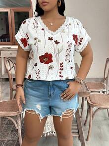SHEIN VCAY 大码女式V领印花休闲百搭日常T恤 - 彩色 - 查看 3