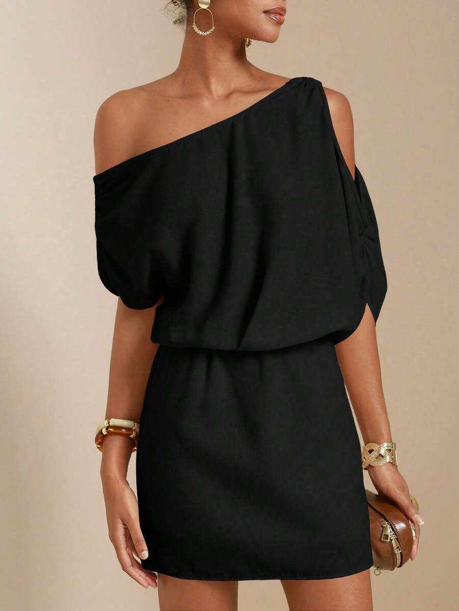 Vesra Vestido mini casual de fiesta de mujer de unicolor con hombro asimétrico fruncido - Negro - Ver 1