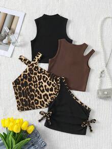 SHEIN 4件套少女纯色针织短款修身休闲背心套装 - 彩色 - 查看 2